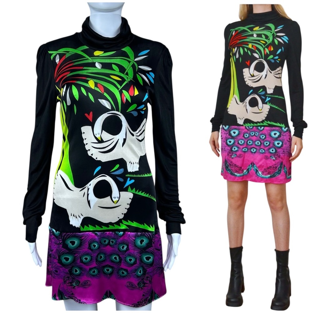 Custo Barcelona VTG Y2K Shift Turtleneck Mini Dress XS Swan Peacock Bird Print